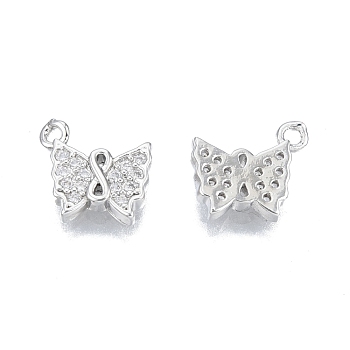 Brass Pave Clear Cubic Zirconia Charms, Nickel Free, Butterfly, Real Platinum Plated, 9x9.5x2mm, Hole: 1.2mm