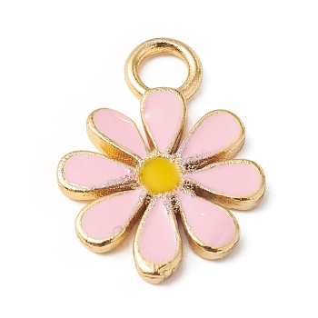 Eco-Friendly Rack Plating Brass Enamel Pendants, Long-Lasting Plated, Lead Free & Cadmium Free, Real 18K Gold Plated, Flower, Pink, 15.5x12x1.5mm, Hole: 2.5mm