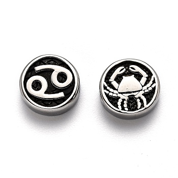 304 Stainless Steel Beads, Flat Round with Twelve Constellations, Antique Silver, Cancer, 10x4mm, Hole: 1.8mm