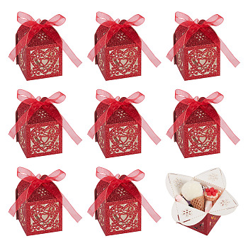 10Pcs Laser Cut Paper Hollow Out Heart & Flowers Candy Boxes, Glitter Rectangle Case with Ribbon, for Wedding Baby Shower Party Favor Gift Packaging, Red, 5x5x8cm