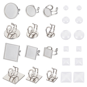 DIY Blank Dome Ring Making Kit, Including Flat Round & Square 201 Stainless Steel Cuff Ring Settings, Glass Cabochons, Stainless Steel Color, 24Pcs/box