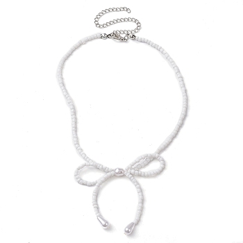 Bowknot 304 Stainless Steel Necklaces, Acrylic Bead Necklaces for Women, White, 12.60~12.80 inch(32~32.5cm)