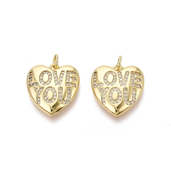 Brass Micro Pave Cubic Zirconia Pendants, Heart & Word LOVE YOU Charms, Clear, Real 16K Gold Plated, 18x16.5x4mm, Hole: 3mm