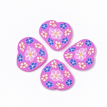 Handmade Polymer Clay Cabochons, Heart with Flower, Orchid, 17~22x20~23x2mm