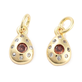 Brass Micro Pave Cubic Zirconia Charms, with Jump Ring, Teardrop, Real 18K Gold Plated, Chocolate, 10.5x6x2.5mm, Hole: 3mm