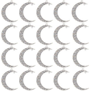 50Pcs Tibetan Style Alloy 2-Loop Connector Charms, Crescent Moon Links, Antique Silver, 41x30x1.5mm, Hole: 2mm & 1mm