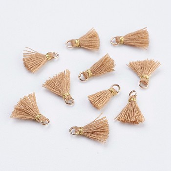 Nylon Tassels Pendant Decorations, Mini Tassel, with Golden Tone Iron Findings, Khaki, 10.5~14.5x2.5~3mm, Hole: 2mm