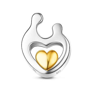 TINYSAND 925 Sterling Silver Hand in Hand Heart Charm European Beads, Platinum & Golden, 12.86x10.39x8.9mm, Hole: 4.61mm