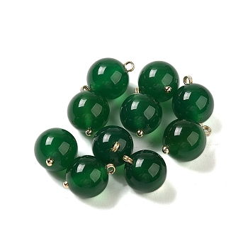 Natural Green Onyx Agate(Dyed & Heated) Sphere Charms, with Rack Plating Brass Loops, Real 18K Gold Plated, Long-Lasting Plated, 13.5~14x10mm, Hole: 1.4~1.6mm