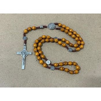 Wood Rosary Bead Necklaces, Religion Alloy Pendant Necklaces, Antique Silver, Camel, Jesus Cross, 27.56 inch(70cm)