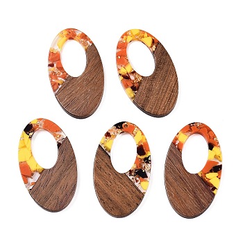 Transparent Resin and Walnut Wood Pendants, Hollow Oval Charms with Gold Foil, Dark Orange, 49.5x28x4mm, Hole: 2mm, 