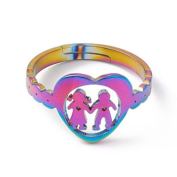 Ion Plating(IP) 201 Stainless Steel Heart with Lovers Adjustable Ring for Valentine's Day, Rainbow Color, US Size 6 1/4(16.7mm)