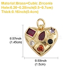 1Pc Brass Micro Pave Cubic Zirconia Pendants, with Jump Ring, Long-Lasting Plated, Real 18K Gold Plated, Heart Charms, Colorful, 14.5x15x4mm(KK-YW0002-52)
