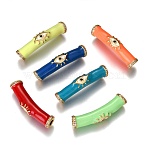 Brass Micro Pave Clear Cubic Zirconia Tube Beads, Long-Lasting Plated, with Enamel, Tube with Eye, Real 18K Gold Plated, Mixed Color, 32x7mm, Hole: 3.2mm, 7mm diameter(ZIRC-B002-38G)