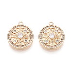 Brass Pave Clear Cubic Zirconia Pendants, Flat Round Charms, Real 18K Gold Plated, 16x14x4mm, Hole: 1.2~1.4mm(KK-T081-04G)