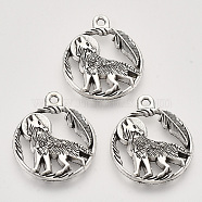 Tibetan Style Alloy Howling Wolf Pendants, Cadmium Free & Lead Free, Flat Round with Wolf, Antique Silver, 25.5x21x3mm, Hole: 1.8mm(X-TIBEP-T009-07AS-RS)