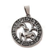 304 Stainless Steel Pendants, Flat Round with Twelve Constellations Charms, Antique Silver, Capricorn, 28x25x2mm, Hole: 7x5mm(STAS-C084-01L-AS)