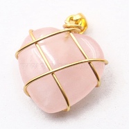Valentine's Day Natural Rose Quartz Copper Wire Wrapped Pendants, Heart Charms with Snap on Bails, Golden, 20mm(PW-WG96066-01)
