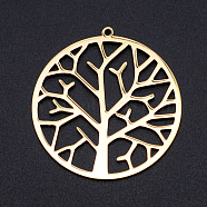 201 Stainless Steel Pendants, Filigree Joiners Findings, Laser Cut, Flat Round with Tree, Golden, 37x34.5x1mm, Hole: 1.5mm(STAS-S105-JN891-2)