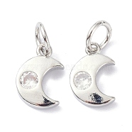 Brass Cubic Zirconia Charms, with Jump Ring, Long-Lasting Plated, Lead Free & Cadmium Free, Moon, Real Platinum Plated, 9.5x6.5x1.8mm(ZIRC-C022-20P)