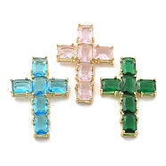 Brass Glass Pendants, Cross Charms, Rack Plating, Long-Lasting Plated, Lead Free & Cadmium Free, Real 18K Gold Plated, Faceted, Mixed Color, 29.5x20.5x6.5mm, Hole: 4x2.5mm(KK-L228-12G)