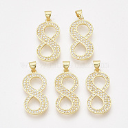 Brass Cubic Zirconia Pendants, Real 14K Gold Plated, Clear, Number, Num.8, 25x12.5x1.5mm, Hole: 4x3mm(X-ZIRC-S062-01A-8)