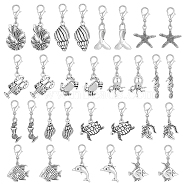 Sea Animal Theme Tibetan Style Alloy Pendant Decoration, with Lobster Claw Clasps, Antique Silver & Platinum, 30~38mm, 15 style, 2pcs/style, 30pcs/set(HJEW-AB00439)