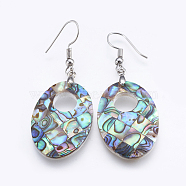 Abalone Shell/Paua Shell Dangle Earrings, with Brass Findings, Oval, Platinum, 53~54mm, Pin: 0.7mm(EJEW-F147-C01)