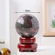 Natural Rhodonite Crystal Ball Display Decorations, Reiki Energy Stone Sphere, with Wood Base, Feng Shui Ornaments, 50~55mm(PW-WG27983-02)