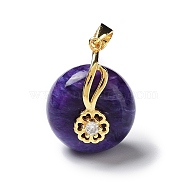 Natural Charoite Pendants, Flat Round Charms with Golden Tone 925 Sterling Silver Rhinestone Findings, 22x16x13mm, Hole: 4x3.5mm(G-P501-02G)