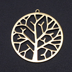 201 Stainless Steel Pendants, Filigree Joiners Findings, Laser Cut, Flat Round with Tree, Golden, 37x34.5x1mm, Hole: 1.5mm(STAS-S105-JN891-2)