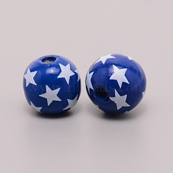 Wooden Beads, Painted with Independence Day Pattern, Round with Star, Blue, 16~16.5mm, Hole: 4mm(WOOD-WH0015-94)