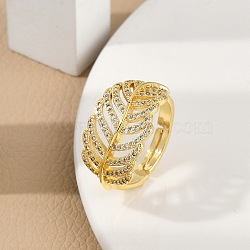 Rack Plating Leaf Brass Micro Pave Cubic Zirconia Cuff Rings for Women, Long-Lasting Plated, Cadmium Free & Lead Free, Real 18K Gold Plated, Inner Diameter: 17.5mm(RJEW-M028-67G)