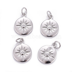 Brass Charms, with Cubic Zirconia, Flat Round with Sun, Clear, Platinum, 15x12x2mm, Hole: 3.5mm(ZIRC-L070-63P)