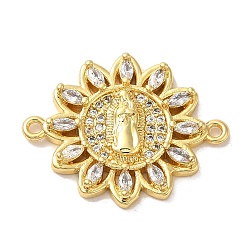 Religion Brass Pave Clear Cubic Zirconia Connector Charms, Virgin Mary Links, Real 16K Gold Plated, Flower, 19x23x3mm, Hole: 1.2mm(FIND-Z041-13D)