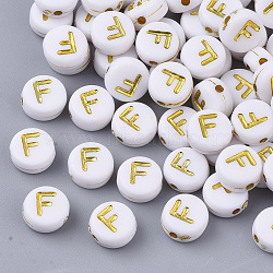 Plating Acrylic Beads, Golden Metal Enlaced, Horizontal Hole, Flat Round with Alphabet, White, Letter.F, 7x3.5mm, Hole: 1.2mm, about 360pcs/50g(X-PACR-R242-01F)