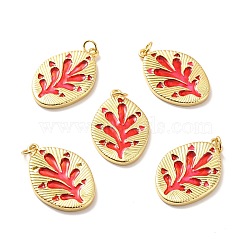 Rack Plating Brass Enamel Pendants, Cadmium Free & Lead Free & Nickle Free, with Jump Ring, Oval with Leaf, Real 18K Gold Plated, 27x18x2mm, Jump Ring: 5x0.6mm, Inner Diameter: 3.5mm(KK-M230-23G)