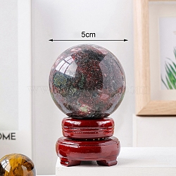 Natural Rhodonite Crystal Ball Display Decorations, Reiki Energy Stone Sphere, with Wood Base, Feng Shui Ornaments, 50~55mm(PW-WG27983-02)