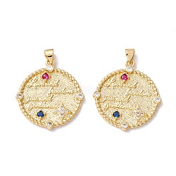 Rack Plating Brass Micro Pave Cubic Zirconia Pendant, Eco-friendly, Cadmium Free & Lead Free, Flat Round, Real 18K Gold Plated, 28x25.5x35mm, Hole: 4x3mm(KK-I686-05G)