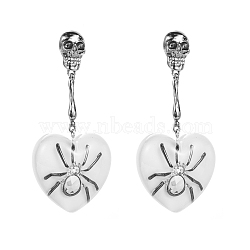 Halloween Alloy Rhinestone Stud Earrings, Resin Heart & Spider Dangle Earrings for Women, White, 78x35mm(PW-WG13DDB-02)