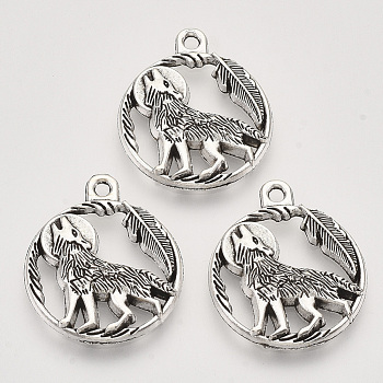 Tibetan Style Alloy Howling Wolf Pendants, Cadmium Free & Lead Free, Flat Round with Wolf, Antique Silver, 25.5x21x3mm, Hole: 1.8mm
