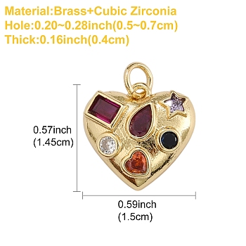 1Pc Brass Micro Pave Cubic Zirconia Pendants, with Jump Ring, Long-Lasting Plated, Real 18K Gold Plated, Heart Charms, Colorful, 14.5x15x4mm