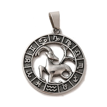 304 Stainless Steel Pendants, Flat Round with Twelve Constellations Charms, Antique Silver, Capricorn, 28x25x2mm, Hole: 7x5mm