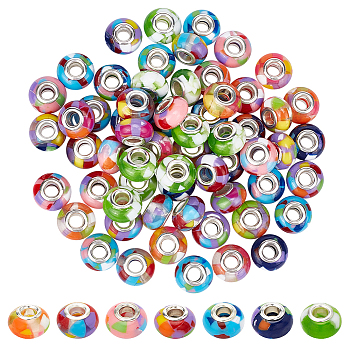 70Pcs 7 Colors Resin European Beads, with Stainless Steel Color Core, Rondelle, Mixed Color, 14x8.5mm, Hole: 5mm, 10pcs/color