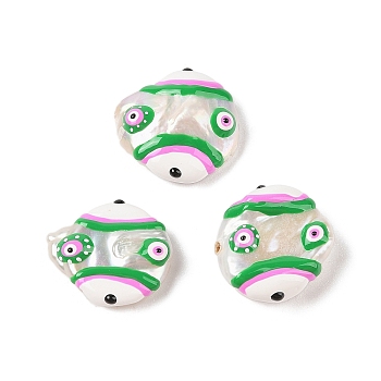 Natural Keshi Pearl Enamel Beads, Hand Drawn Beads, Flat Round with Evil Eye Pattern, Green, 19~21x17~19x6~7mm, Hole: 0.8mm