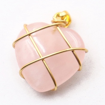 Valentine's Day Natural Rose Quartz Copper Wire Wrapped Pendants, Heart Charms with Snap on Bails, Golden, 20mm