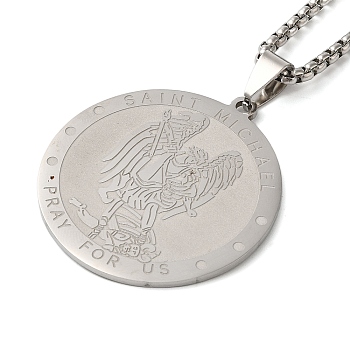 Non-Tarnish Flat Round 304 Stainless Steel Saint Michael Medal Pendant Necklaces for Women and Men, Stainless Steel Color, 23.23 inch(59cm)