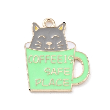 Alloy Enamel Pendants, Golden, Cup Cat with Word Coffee is Safe Place Charm, Pale Green, 24.5x20.5x1mm, Hole: 2mm