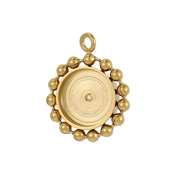 304 Stainless Steel Pendant Cabochon Settings, Beaded Edge Flat Round Charm, Ion Plating(IP), Long-Lasting Plated, Real 14K Gold Plated, 12x10mm
