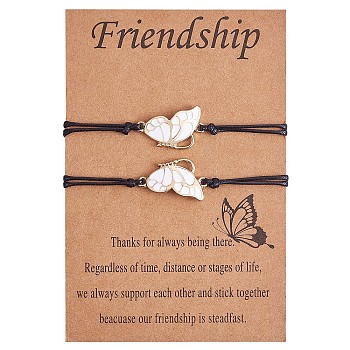 2Pcs White Brass Enamel Butterfly Link Bracelets Set, Adjustable Couple Bracelets for Lovers Best Friends, Golden, 4-3/4~10-1/4 inch(12cm)